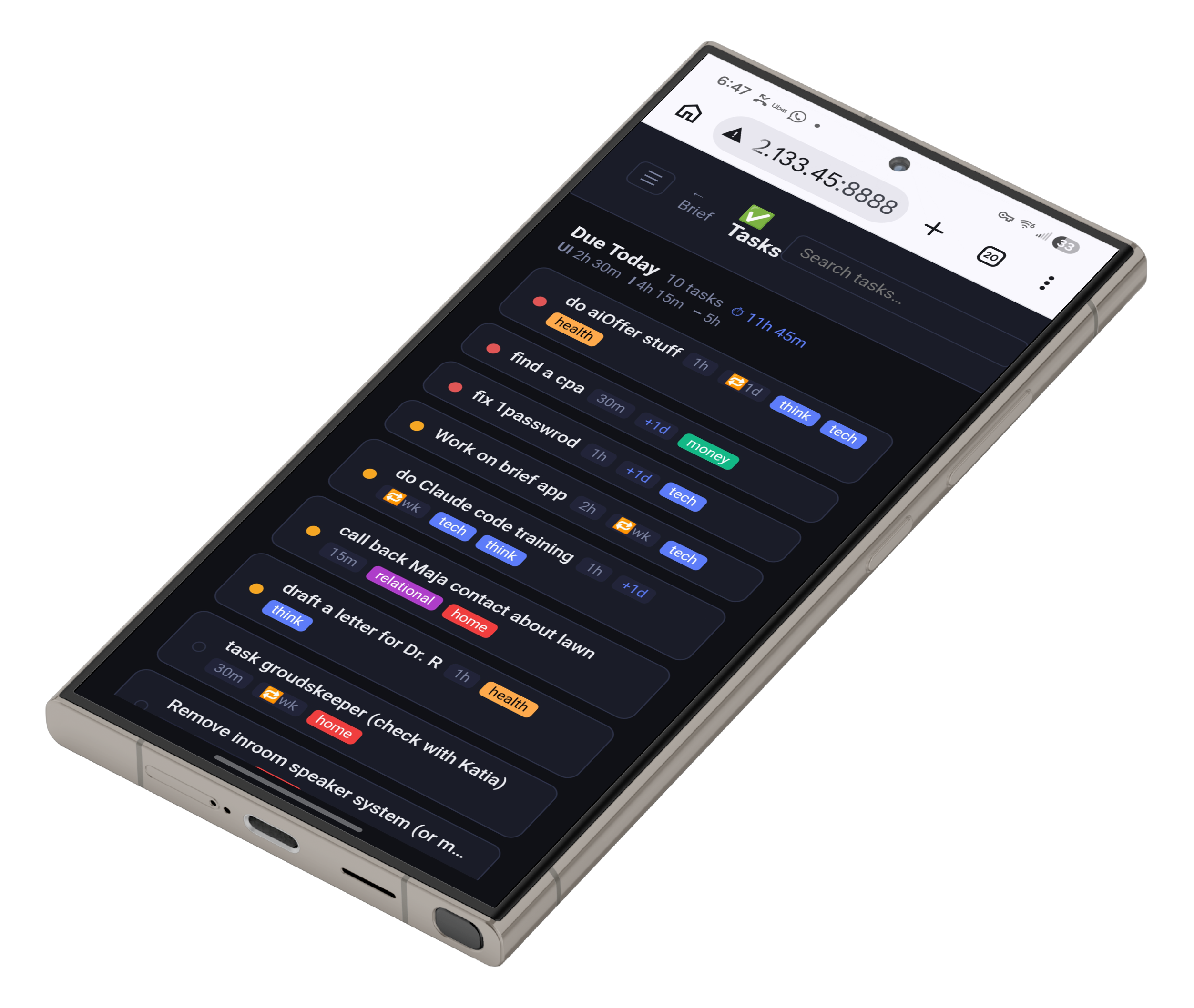 Greg's AI-powered task manager running on a phone